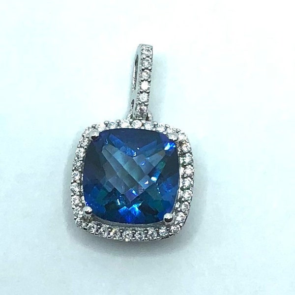 Beautiful & Classic Neptune Garden Coated Topaz Halo Pendant 8mm Cushion Center Accented by 38 Cubic Zirconia Silver R Klein