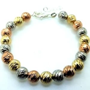 Italian Designer Silver Large Tri Color 8mm Ball Bracelet adjustable 7"-9" 925 Silver Yellow & Rose Gold Plated Affordable Mother's Day