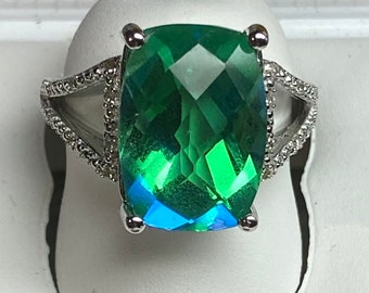 Large Cushion Caribbean Quartz  Ring With 16 Round Natural Diamonds, 925 Sterling Silver