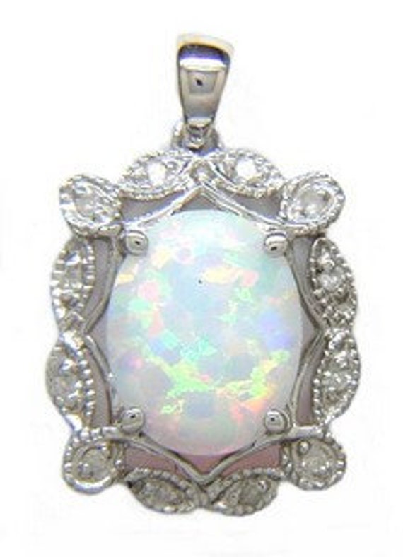 Sterling Silver Created Opal Oval And CZ Pendant Sterling Silver Created Opal Oval And CZ Pendant