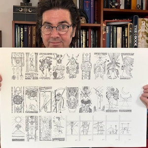 May include: A large white poster featuring a grid of black and white line art illustrations depicting various tarot-style figures, symbols, and celestial motifs arranged in three horizontal rows, with some panels showing detailed scenes and others remaining blank.