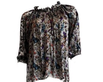 Luxurious 100% Italian Silk Charmuese 80gsm Tree of Life Print Top ruffle collar 3/4 Raglan Sleeves UK Size 6 - 12 by I LOVE LOLA London