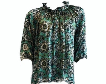 100% Italian Silk Satin Stretch/Silk Charmeuse Sea-Green Floral Print Top ruffle collar 3/4 Raglan Sleeves UK Size 6 - 12 by I LOVE LOLA