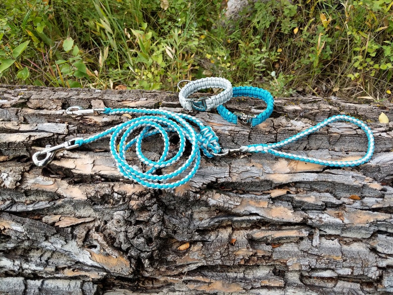 Dual Paracord 4 Strand Rope Braid Dog Leash Splitter With Double Ended Metal Swivel And Two Matching Collars