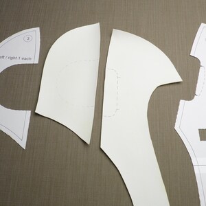 May include: Four white paper pattern pieces for sewing a garment. The pieces are labeled "left/right 1 each", "3", and "right side 1".