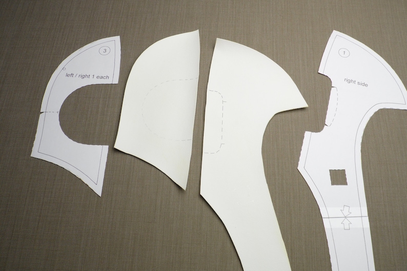May include: Four white paper pattern pieces for sewing a garment. The pieces are labeled "left/right 1 each", "3", and "right side 1".