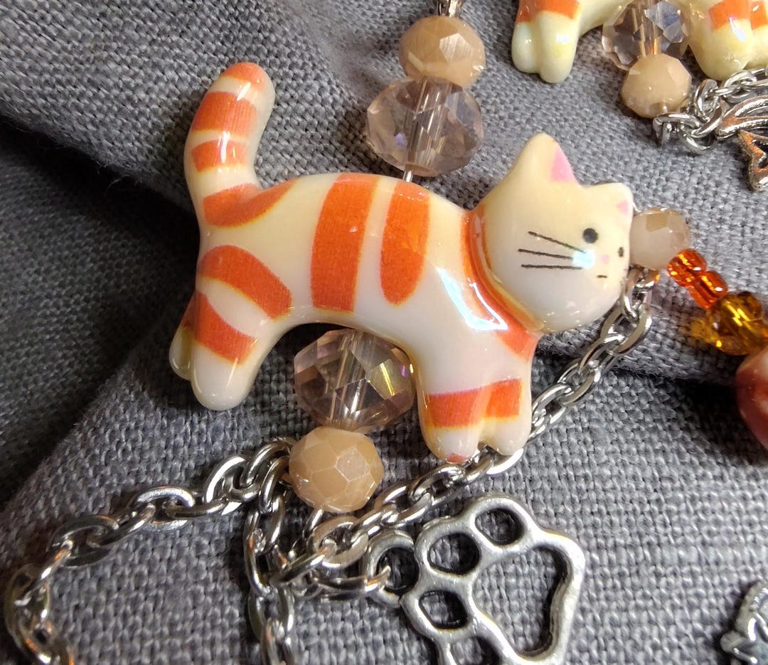 Cat Eyeglass Chain Orange Tabby Cat Orange Gold Glass Crystal Beads ...