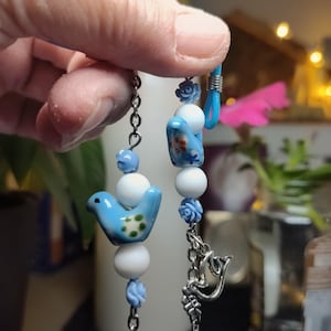 Blue Ceramic Birds, Flowers, Bees Eyeglass Chain, Austrian Crystal Glass Beads