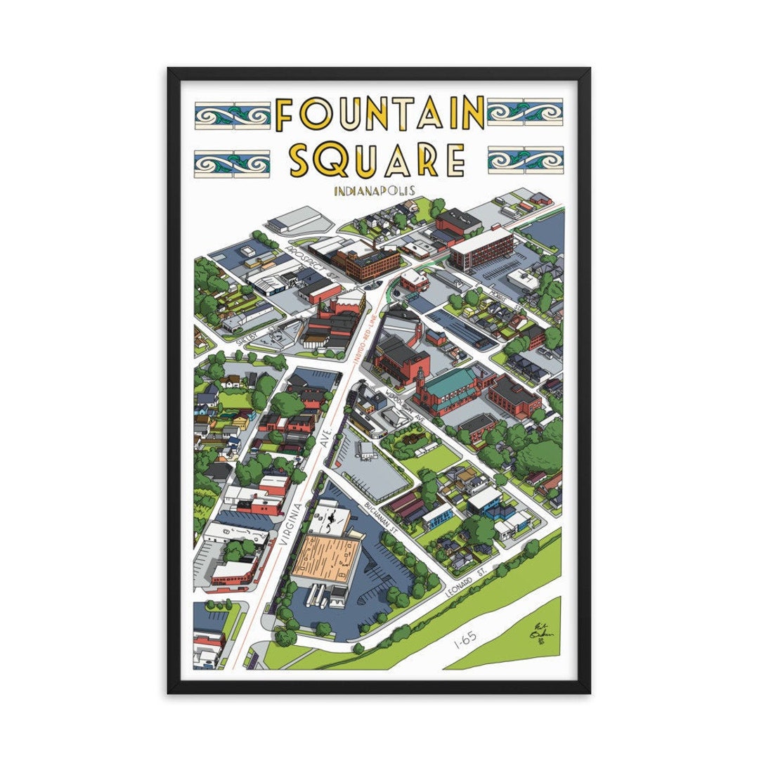 Fountain Square Indianapolis Indiana Illustration Art Wall Decor Print