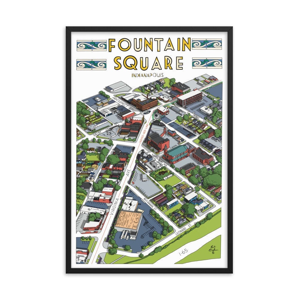 Fountain Square Indianapolis Indiana Illustration Art Wall Decor Print