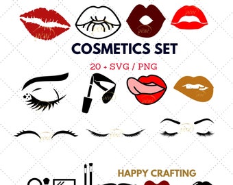 Set of cosmetics/ Eyelashes SVG/ Lipstick svg/Nail polish clipart / valentine svg / svg bundle / kissing lips