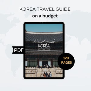 Op de afbeelding: Een digitale reisgids voor Korea, op een tablet weergegeven. De omslag toont een foto van een Koreaans paleis. De gids heeft 129 pagina's en is beschikbaar als PDF.
