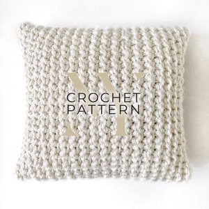 May include: A white crocheted pillow with a "CROCHET PATTERN" text overlay.