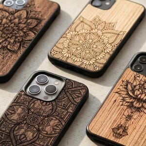 Blumenmandala | Echtholz Hülle für iPhone 17, 16, 15, 14, 13, 12, 11, X, XS | Pro max, Pro, Plus, mini, SE | MagSafe-Upgrade