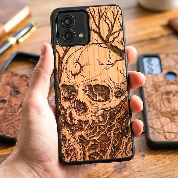 Gothic Skull - Real Wood Case for Motorola  G Stylus 5G, Moto G14, G73, G Play, G54, G84, Edge Ultra + More