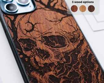 Gothic Schädel Holz Handyhülle für iPhone 14, 13, 12, 11 | Samsung Galaxy S23, S22, S21 Ultra / Plus | Google Pixel 7, 7 Pro, 6a, 6 Pro