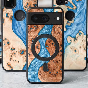 Premium Aqua Epoxy & Echtholz Pixel Case | Sky Flow Matte Design | Passend für Pixel 10, 9, 8, 7, 6 | Pro, XL, Regular und -eine Serie