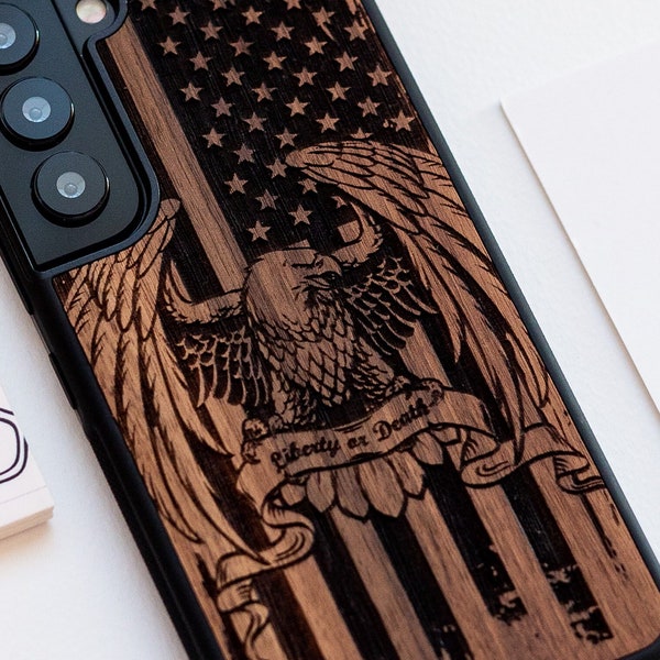 Custodia in legno per custodie S24/S24/S23/S22/S21/S20/S10 / Samsung Galaxy S Ultra, Plus e FE / Design patriottico della bandiera degli Stati Uniti con emblema dell'aquila calva