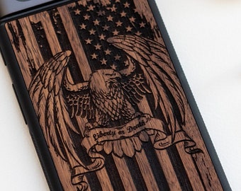 Étui en bois Freedom Guardian pour Google Pixel pour Pixel 7, 7 Pro | 6a, 6, 6 Professionnels | Pixel 5, 5A 5G | Pixel 4A 5G Patriotic Eagle avec drapeau américain