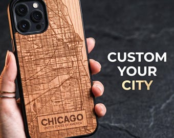 Funda de madera con mapa de ciudad personalizada para iPhone / Series iPhone 7-17 / Pro Max, Pro, Plus, estándar / Actualización MagSafe / Regalo personalizado para viajeros