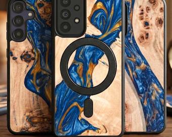 Real Wood + Resin Samsung A Case: Blue Gold Geode Burl Pattern Phone Cover | Magnetic Magsafe upgrade