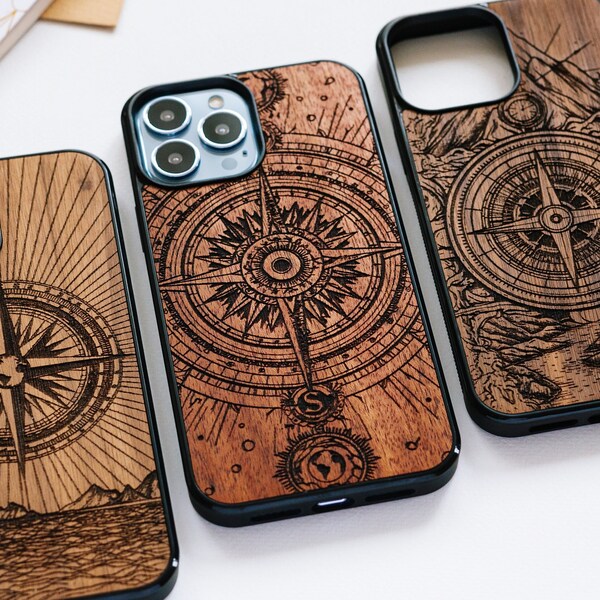 Travel compass - wood iPhone Magsafe case for 14, 13, 12, 11, X, SE, 8 | iPhone Pro max, Plus, Pro and SE cases | Adventure, Nautical