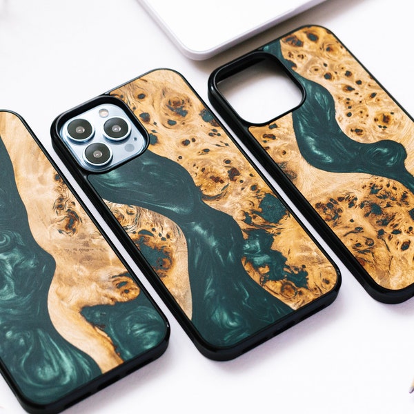 Resin + wood iPhone 15, 14, 13, 12, 11 case "Green Wave" | Magsafe upgrade | Compatible with iPhone Pro Max, Pro, Plus