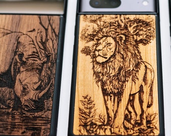 Rhino, Lion, Elephant - wood Google Pixel case for 8 Pro, 8 | 7a, 7, 7 Pro | 6a, 6, 6 Pro |  5, 5a 5G | 4a, 4, 4 XL | 3A, 3A XL