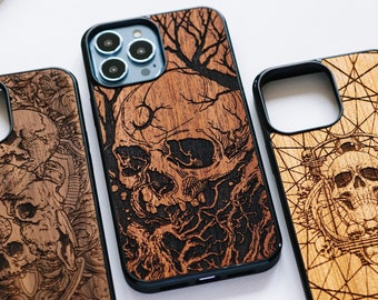 Gothic Skull - engraved wood iPhone Magsafe case for iPhone 15, 14, 13, 12, 11, X, SE, 8 | iPhone Pro max, Plus, Pro and SE cases