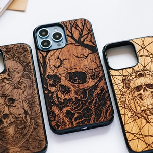 Gothic Skull - engraved wood iPhone Magsafe case for iPhone 15, 14, 13, 12, 11, X, SE, 8 | iPhone Pro max, Plus, Pro and SE cases