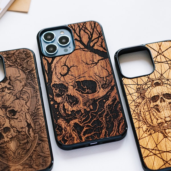 Cráneo gótico - funda Magsafe para iPhone de madera grabada para fundas iPhone 15, 14, 13, 12, 11, X, SE, 8 / iPhone Pro max, Plus, Pro y SE