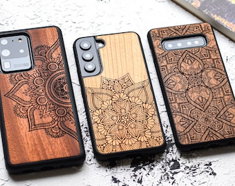 Mandala ethnique - bois étui S24, S23, S22, S21, S20 | Étui pour Samsung Galaxy S Ultra, Plus et FE | Housse de téléphone mince fabriquée à la main