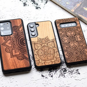 Mandala ethnique bois étui S24, S23, S22, S21, S20 Étui pour Samsung Galaxy S Ultra, Plus et FE Housse de téléphone mince fabriquée à la main image 1