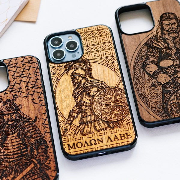 Samurai, Spartan, Viking - wood iPhone Magsafe case for 14, 13, 12, 11, X, SE, 8 | iPhone Pro max, Plus, Pro and SE cases