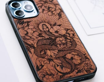 Snake Garden - funda estética de madera para iPhone Magsafe para fundas 15, 14, 13, 12, 11 con / iPhone Pro max, Plus, Pro y SE