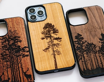 Forêt sauvage - Étui Magsafe en bois pour iPhone 15, 14, 13, 12, 11, X, SE, 8 | Coques pour iPhone Pro max, Plus, Pro et SE