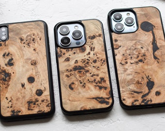 Loupe de bois véritable - Coque pour iPhone 14, 13, 12, 11 | Coques pour iPhone Pro max, Plus, Pro et SE | avec ou sans Magsafe