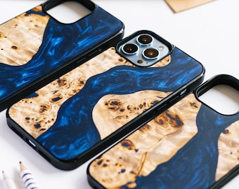 Oceanic resin + wood iPhone 14, 13, 12, 11, XS, X, 8, 7, 6 case with Magsafe | Pro Max, Pro, Plus, SE, mini and regular | Unqie burl wood
