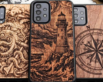 May include: Three rectangular phone cases with black frames and wood-grain back panels. The left case features an octopus and anchor engraving, the center case shows a lighthouse on a rocky shore, and the right case displays a nautical compass.