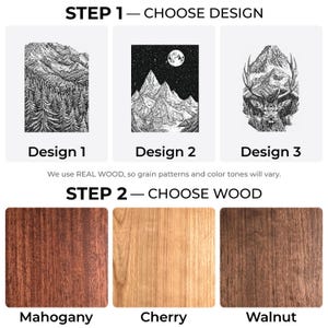 The image is a step-by-step guide for choosing a design for a piece of wood, featuring three different wood grain patterns and color tones.