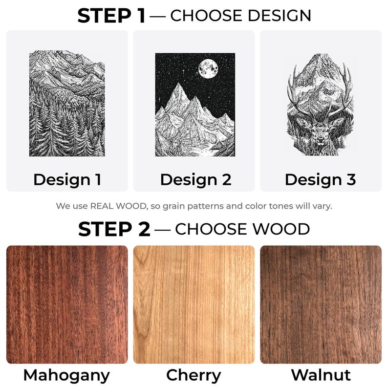 The image is a step-by-step guide for choosing a design for a piece of wood, featuring three different wood grain patterns and color tones.