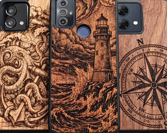 Nautical Wood Phone Case | Compass Lighthouse Kraken Engraving | Real Laser Engraved Wooden Cover for Motorola phones