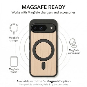 a smartphone case with a wooden design and a camera lens, along with various accessories such as a MagSafe charger and a car mount. The image also includes text that describes the product as "MAGSAFE READY" and "Available with the "+ MagSafe*" option, indicating that it is compatible with MagSafe and QIAQ accessories.