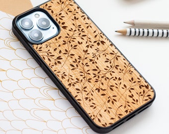 Aesthetic Floral - engraved wood iPhone Magsafe case for 14, 14 Plus, 14 Pro Max | iPhone 13 Pro Max, 13 Pro, 13, 13 Mini | 12 Pro Max