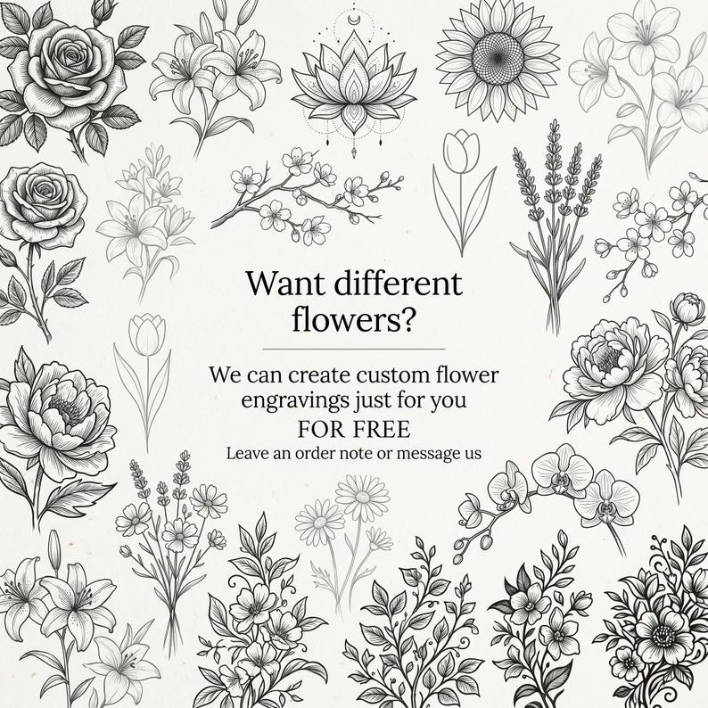 Puede incluir: Dibujos lineales en blanco y negro de varias flores, como rosas, lirios y girasoles. La imagen incluye texto que dice: "&iquest;Quieres flores diferentes? Podemos crear grabados de flores personalizados para ti GRATIS."