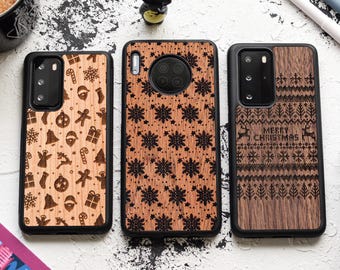 Christmas Real Wood Case for Huawei  – Fits P50, P40, P30, P20, Mate 40, 30, 20 Series – Pro, Lite, Plus – Natural Gift for Him or Her