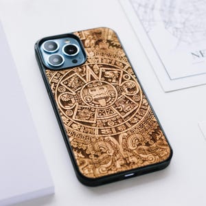 Mayan Calendar | Real wood case for iPhone 17, 16, 15, 14, 13, 12, 11, XS, X, 8, 7 | Include Pro Max, Pro, Plus | Magsafe Upgrade available