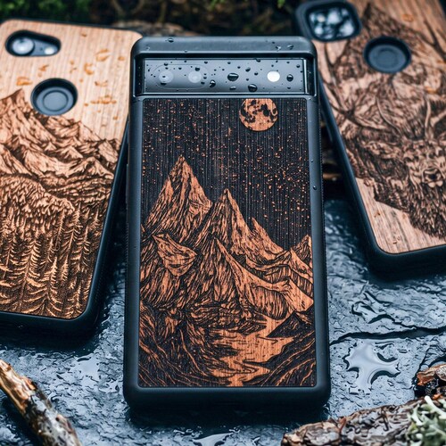 Mountains - Real Wood Case for Google Pixel | Nature Engraved Protection | Fits Pixel 11, 10, 9, 8, 7, 6, 5 | Pro, XL, Fold