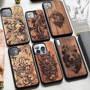 Custodia in vero legno con incisione a tema fauna selvatica e MagSafe per iPhone 17, 16, 15, 14, 13, 12, 11, XS, X, 8, SE 2022 / Pro Max, Plus, Pro, SE