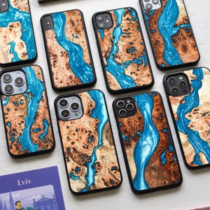 Sky Blue Resin + Real Wood | Handmade case for iPhone 17, 16, 15, 14, 13, 12, 11, X, SE, 8 | iPhone Pro max, Plus, Pro, SE | Magsafe Upgrade